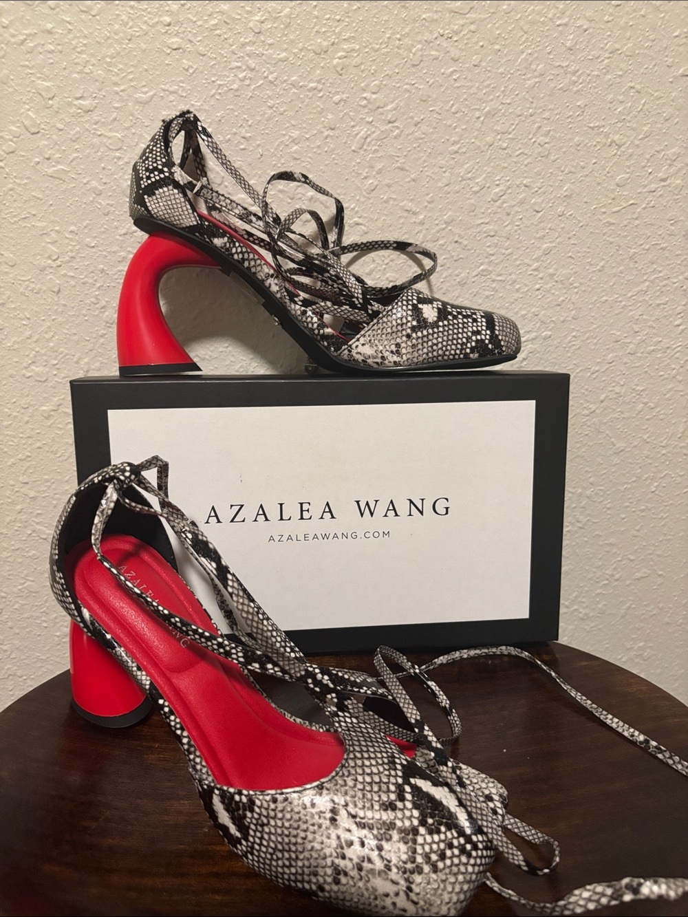 Women's Black & White Snake Print Lace-Up Heels AZALEA WANG
